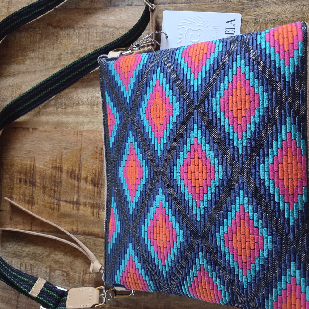 Consuela Orange and Blue Crossbody Bag with Geometric Design